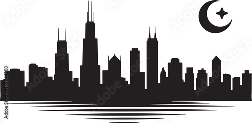 Chicago Skyline Silhouette Vector Illustration with Moon and Cityscape Outline