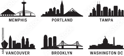 City Skyline Silhouettes Vector Set Featuring Memphis, Portland, Tampa, and More