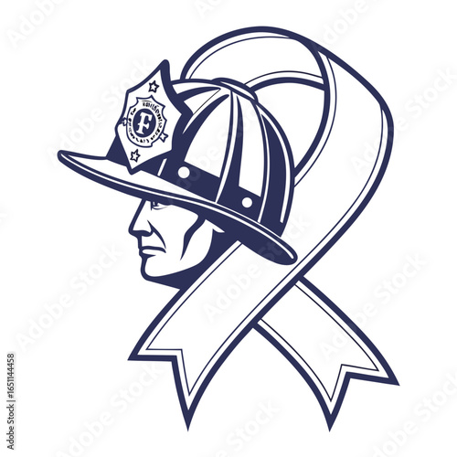 A stylized graphic of a firefighter s helmet in profile featuring a prominent ribbon design symbolizing support and awareness for a cause