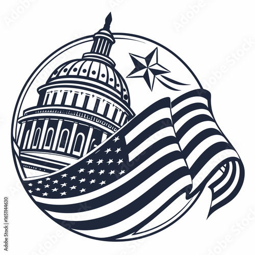Iconic american capitol building with waving flag and star symbolizing patriotism and national pride