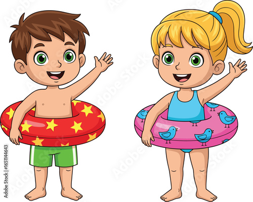 Joyful cartoon kids in colorful swim rings waving happily, summer beach fun vector for children’s activities, holidays, and vacation themes