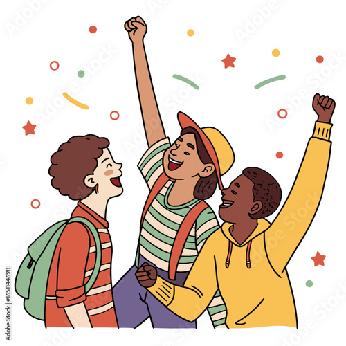 Three diverse friends celebrating success, radiating joy and friendship, and embodying teamwork in a vibrant cartoon illustration with festive confetti