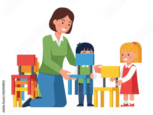 Kindergarten Activity: A nurturing teacher helps children interact with colorful chairs, creating a playful and engaging educational experience. capturing the essence of early childhood education 