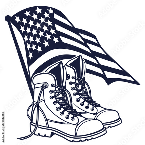Symbolic representation of military service and patriotism featuring a pair of combat boots with the american flag waving behind them