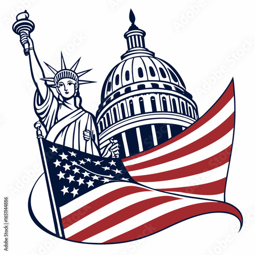 Iconic american symbols including the statue of liberty united states capitol building and a waving american flag representing patriotism and national pride