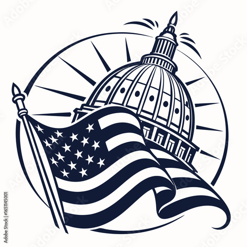 Stylized illustration of the united states capitol building and a waving american flag within a circular design symbolizing unity and national pride