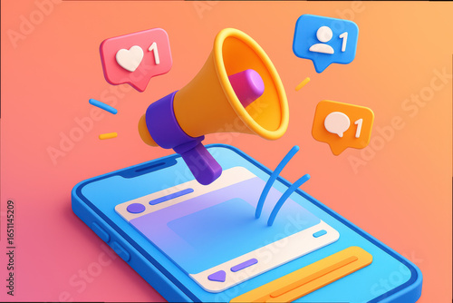 Wallpaper Mural Social media notification icons with megaphone on smartphone screen Torontodigital.ca