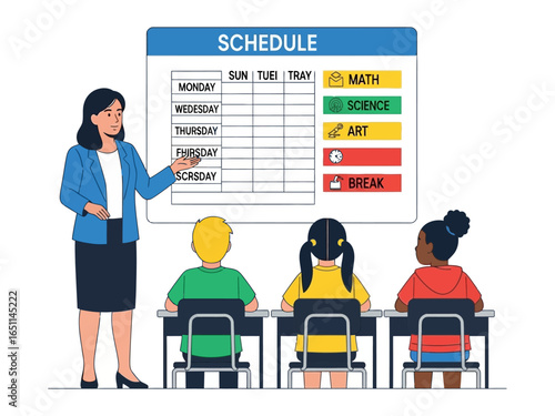 Education Schedule: A teacher, pointer in hand, presents a colorful classroom schedule to a group of eager students. It symbolizes order, planning, and the joy of learning