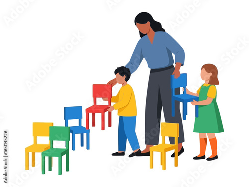 Colorfully Collaborative Seating: A supportive educator assists young learners in arranging chairs, symbolizing teamwork and education. The scene shows cooperation and the formation of a community.