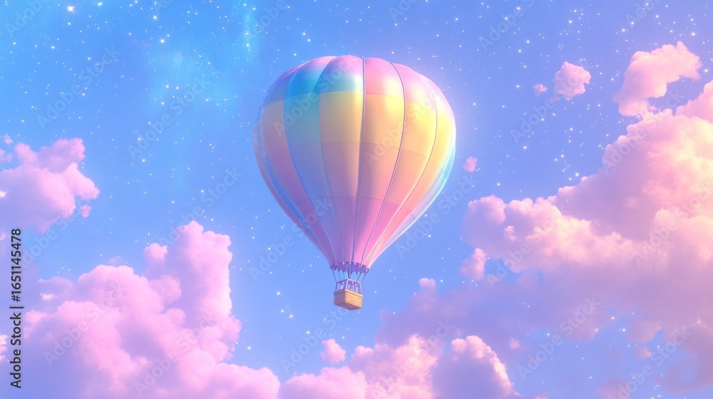 Fototapeta premium Pastel hot air balloon floats among soft clouds in a starry sky