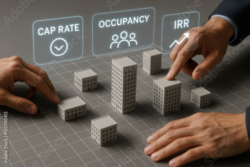 Real estate investment concept with miniature building models and financial terms displayed