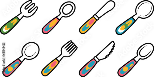 Colorful Utensils Set Vector Illustration Fork Spoon Knife Kitchenware Dining Equipment Design