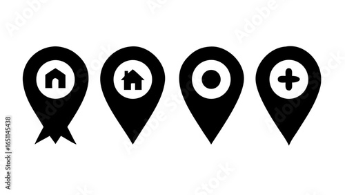 Set of location pin icons isolated on white background, featuring various map markers with home and plus symbols for navigation, gps, and destination points, ideal for web and mobile