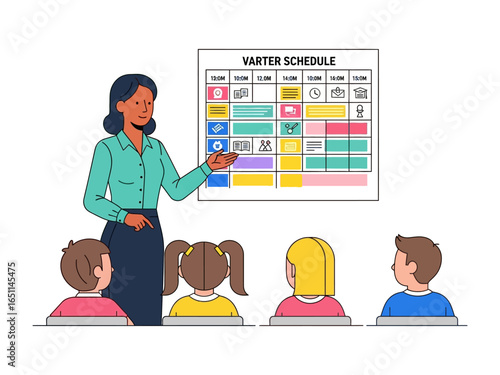 Teaching Schedule: An educator enthusiastically explains a day's timetable to a group of focused learners, encapsulating the vibrancy of education and organized instruction.