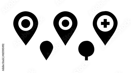 Various location pin icons isolated on white background, representing different points of interest and services, suitable for mapping and navigation applications