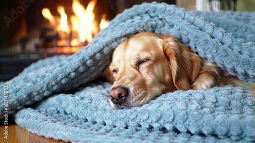 Dog under cozy blanket near fireplace