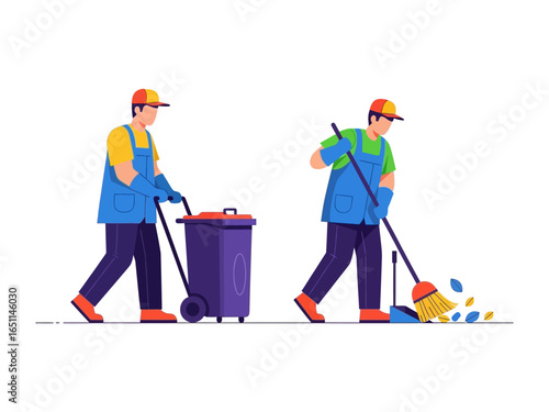 Urban Cleaners: Two dedicated sanitation workers, one managing waste and the other sweeping debris, collaborate to maintain urban cleanliness in this vibrant illustration