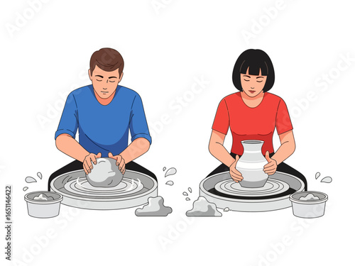 Pottery Workshop: An artistic man and woman meticulously mold clay on a potter's wheel, embracing the creative process and the satisfaction of shaping art