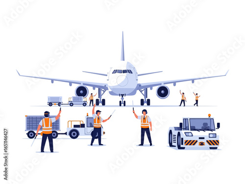 Preparing for Flight: Witness the orchestrated ballet of airport ground crew, meticulously preparing an aircraft for takeoff, embodying the precision and teamwork required for safe air travel.