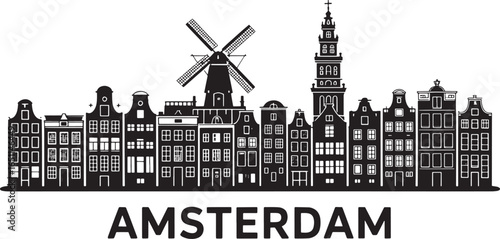 Amsterdam Skyline Silhouette Vector Illustration with City Name on Transparent Backdrop