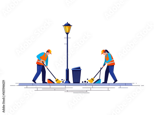 Community Clean-Up: Two dedicated sanitation workers, armed with brooms and a shared commitment, diligently sweep a public space, promoting cleanliness and community.