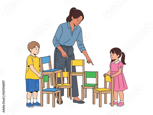 Teaching Moment: A dedicated educator guides two young children through a fun, vibrant learning experience, teaching with a focus on engagement and exploration, fostering curiosity in early education.