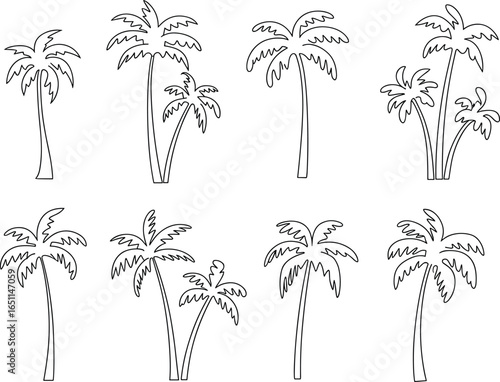 Elegant black and white palm tree vector set featuring eight unique tropical silhouettes with varied trunks and fronds for artistic, educational, and commercial design use