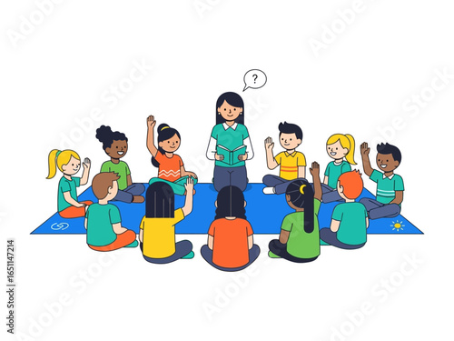 Classroom Interaction: An illustration depicting a circle of children with raised hands around a teacher, fostering a dynamic learning environment.