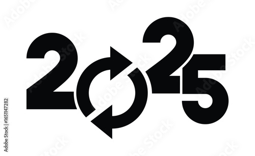 Bold black-and-white "2025" graphic design with interwoven star, modern abstract style, polygon frame, dynamic celebratory look, clean and minimalist, perfect for New Year themes.