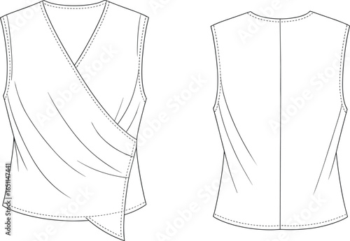 Fashion Flat Sketch of Women's Sleeveless Wrap Blouse Top with Draped Front and Back Seam – Technical Vector Drawing for Apparel Design