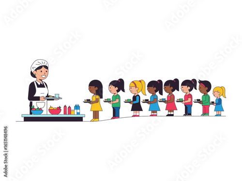 School Lunchtime Serenade: A friendly cafeteria worker serves a line of eager students in a charming and inviting atmosphere, showcasing the simplicity and warmth of childhood moments.