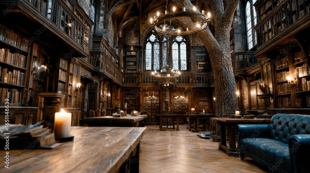 Obraz premium A grand library features wooden shelves filled with books, large windows letting in natural light, and a prominent tree trunk adding a unique touch to the cozy atmosphere