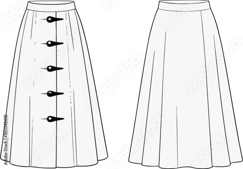 Flat vector illustration of A-line button-front midi skirt for women, front and back views, ideal for fashion design or apparel templates.