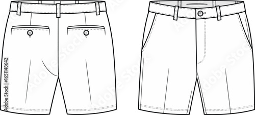Flat vector illustration of classic men’s chino shorts with front and back views, perfect for fashion design, apparel templates, or product mockups.