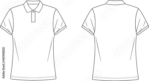 Flat vector illustration of fitted women’s polo shirt with collar and short sleeves, shown front and back, for fashion design or apparel mockups.