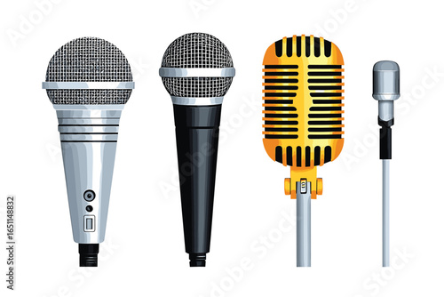 Cartoon studio microphones. Broadcast, voice and music audio recording equipment. Karaoke mic and vintage radio microphone flat  set. Illustration sound mic audio, studio voice microphone.
