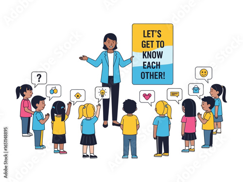 First Day of School: Teacher guiding children in a classroom for getting to know each other. a perfect day of school