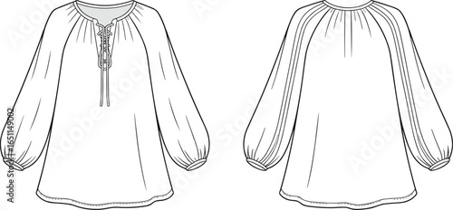 Flat vector illustration of women’s peasant blouse with gathered sleeves and lace-up front, front and back view, ideal for boho fashion templates.