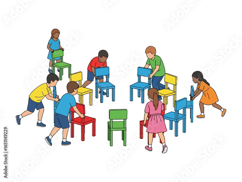 Musical Chairs: Children eagerly participate in a round of musical chairs, a vibrant illustration captures the fun and competition of this classic game.