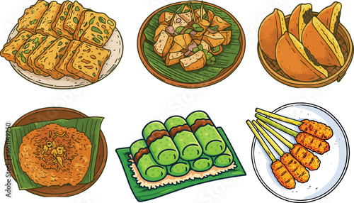 Vector set of Indonesian traditional foods: Tempe Mendoan, Rujak Bebeg, Kue Pukis, Kerak Telor, Sate Lilit, and Putu