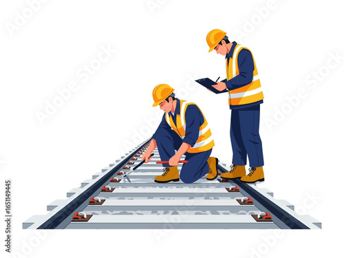 Railroad maintenance: Two skilled railway workers meticulously inspect and maintain a railroad track, ensuring safe and efficient transport.