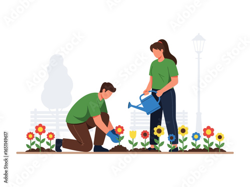Cultivating Blooms: A couple tends to their garden, cultivating a vibrant tapestry of colorful flowers with care and unity.