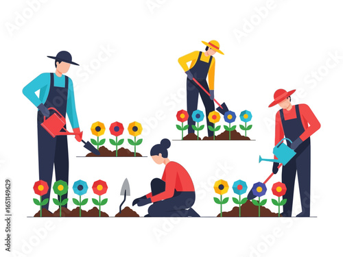 Cultivating Community: Illustrative scene featuring individuals gardening, showcasing the nurturing act of planting and caring for flowers in an illustrative way, promoting the beauty of nature.