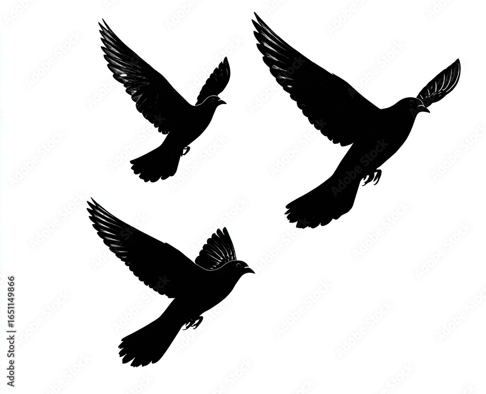 Obraz premium Three silhouette doves in flight against a white background