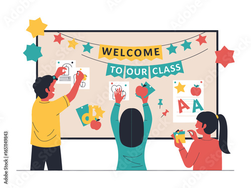 Welcome to Our Class: Animated children enthusiastically decorate a classroom board with a festive Welcome to Our Class banner. Filled with joy and anticipation.