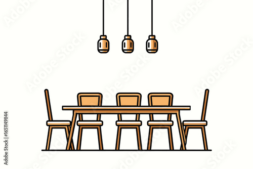Dining table, home interior doodle in black. Simple minimal black line art isolated illustration drawing. Minimal simple style dining room brush line art drawing illustration.