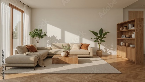 Bright Living Room with Beige Sectional Sofa, Wooden Coffee Table, and Natural Light