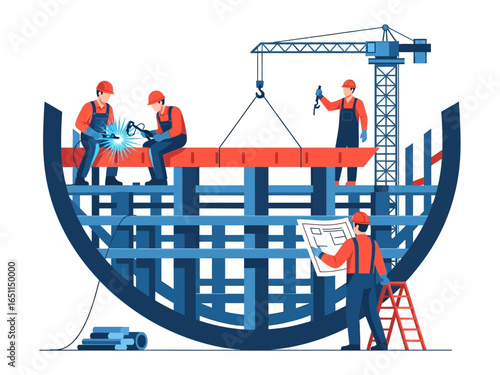 The Architect's Vision: A team of construction workers skillfully collaborates to construct a robust vessel, guided by detailed blueprints and modern machinery. 