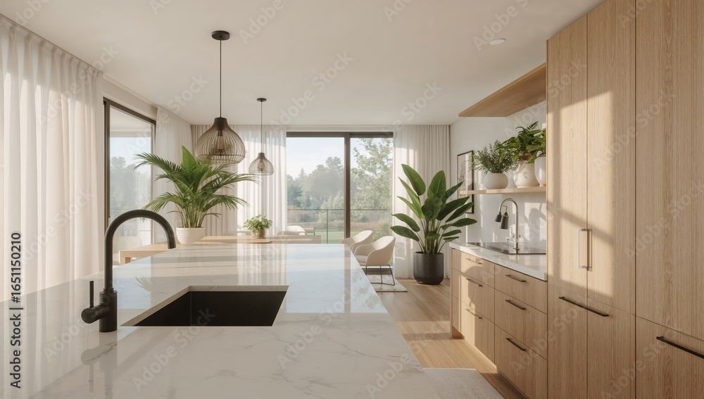 Fototapeta premium Modern Kitchen Design with Marble Island and Natural Light