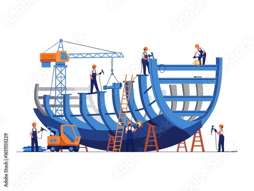 Crafting a Maritime Marvel: A team of skilled artisans meticulously constructs a majestic ship, their collective efforts transforming raw materials into a vessel of strength.